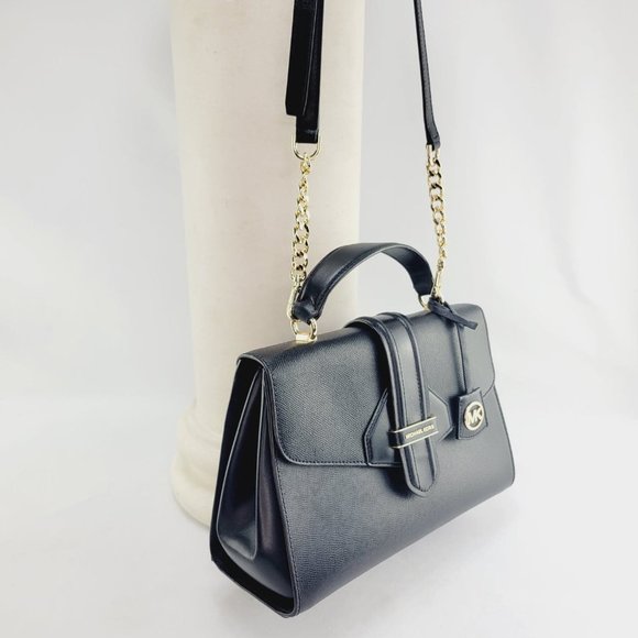 Michael Kors Handbags - MICHAEL KORS Bleecker Medium Cross-grained Leather Satchel Black